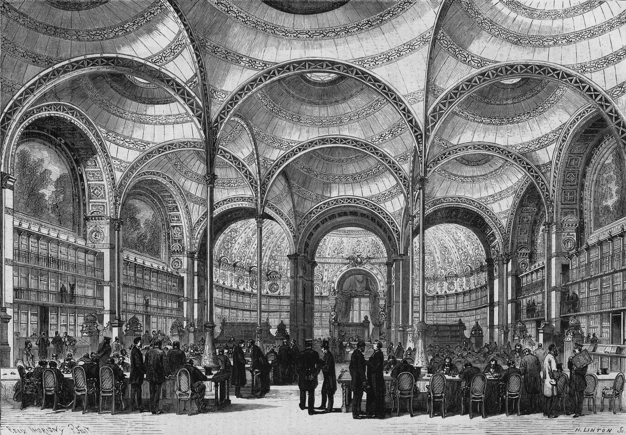 Inauguration of the new reading room of the Imperial Library of Paris, June 13, 1868, built by architect Pierre Francois Henri Labrouste (1801-1875). Engraving in "Le Monde Illustre" n°585 of 27 June 1868. by French School