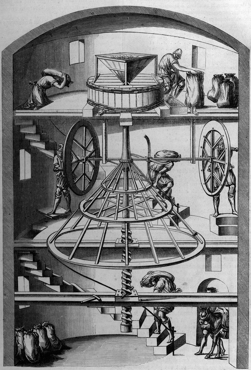 Inner view of a 16th century mill by French School