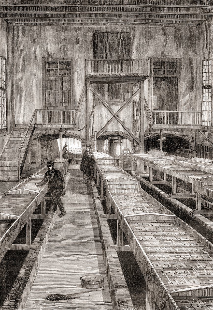 Interior of a 19th century fish farm in Huningue, France, from Les Merveilles de la Science, published c.1870 by French School