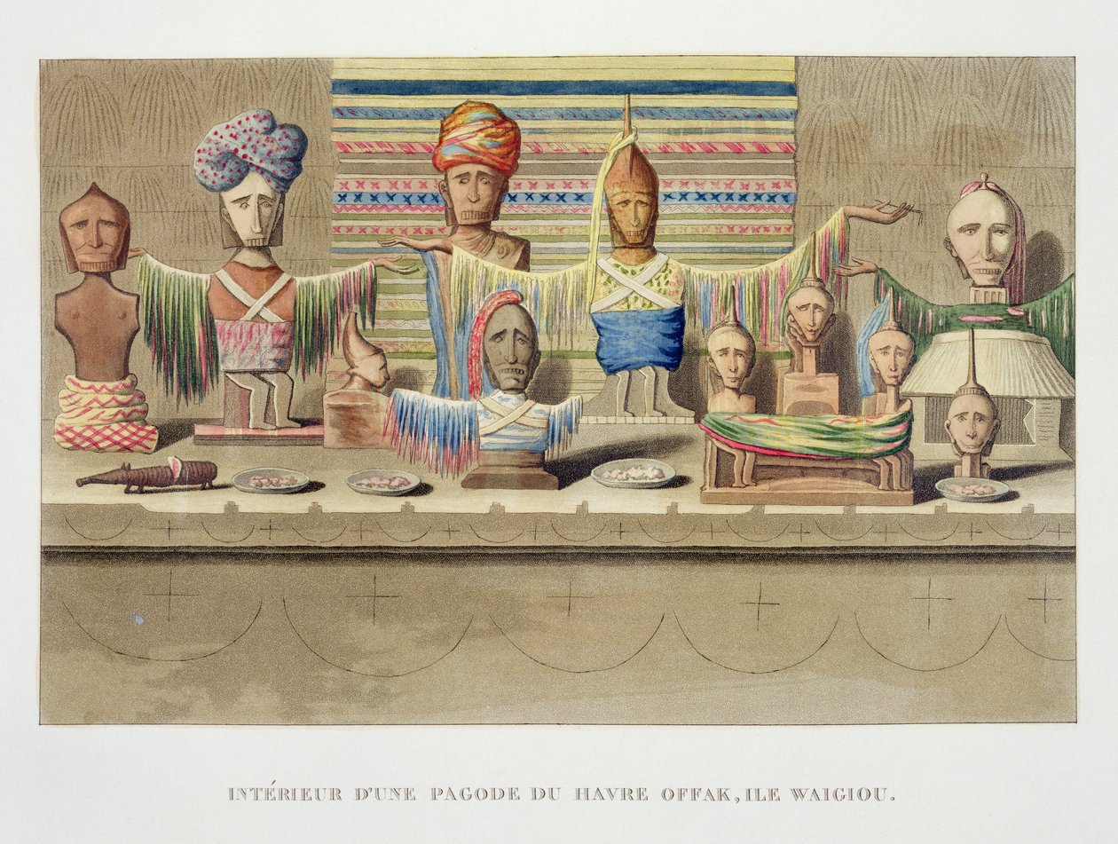 Interior of a Spirit House, Offak Harbour, Waigiou Island, from Voyage autour du Monde, by Louis Isidore Duperrey by French School