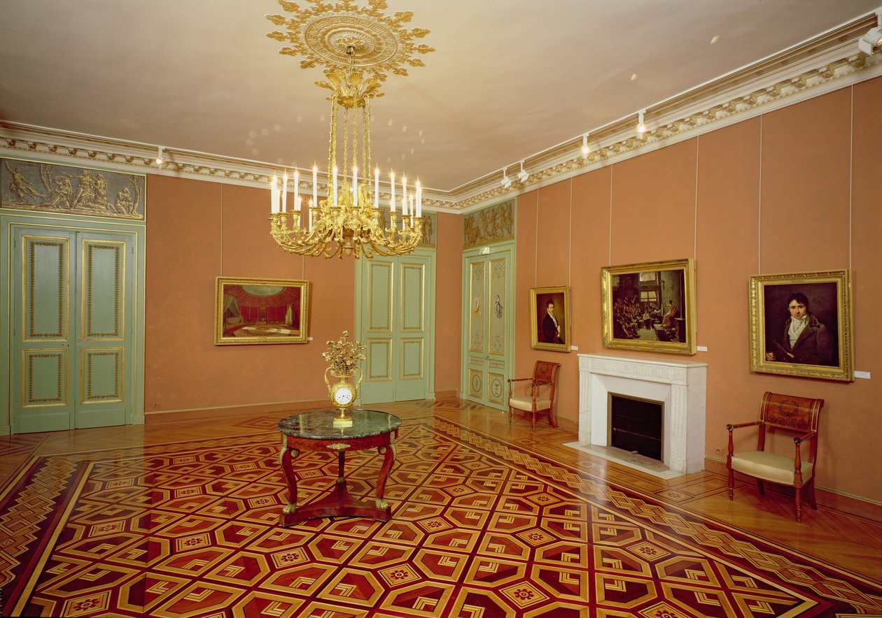 Interior of a salon with marquetry flooring by French School