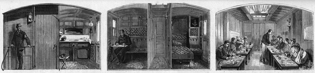 Internal view of the medical wagon and the refectory wagon of a medical train of the French Societe de secours aux blesses militaires. Engraving in 
