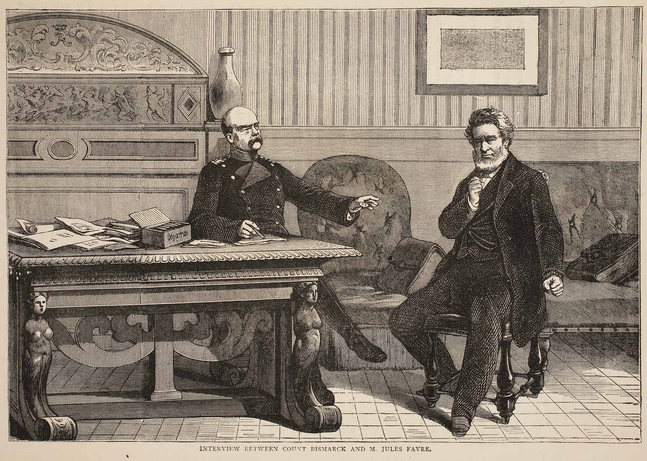 Interview between Count Bismarck and M. Jules Favre, September 1870, illustration from Cassells History of the War between France and Germany, 1870-1871 by French School