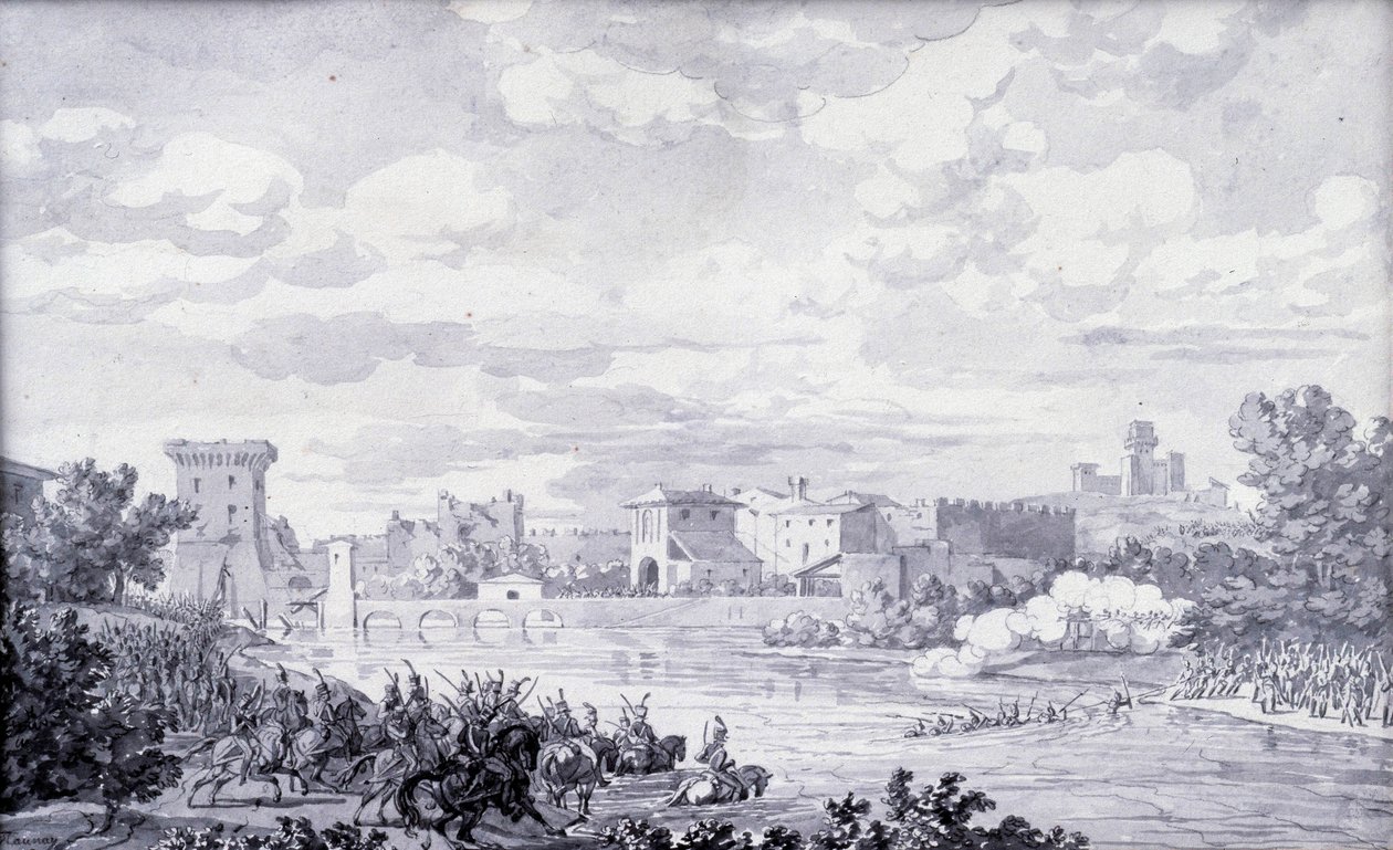 Italian countryside: the French army passed the river Mincio to Borghetto in 1796. Anonymous drawing. Paris, Louvre Museum by French School