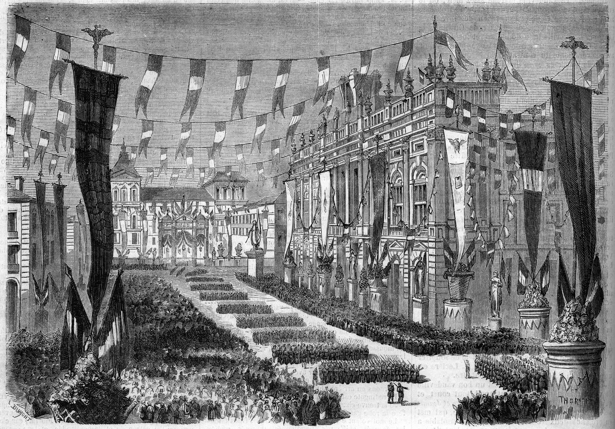 Italian Unification, Turin, 2 April 1860: Decoration of the Castle Square (Piazza Castello) on the Occasion of the Opening of the Italian Parliament. Engraving in 