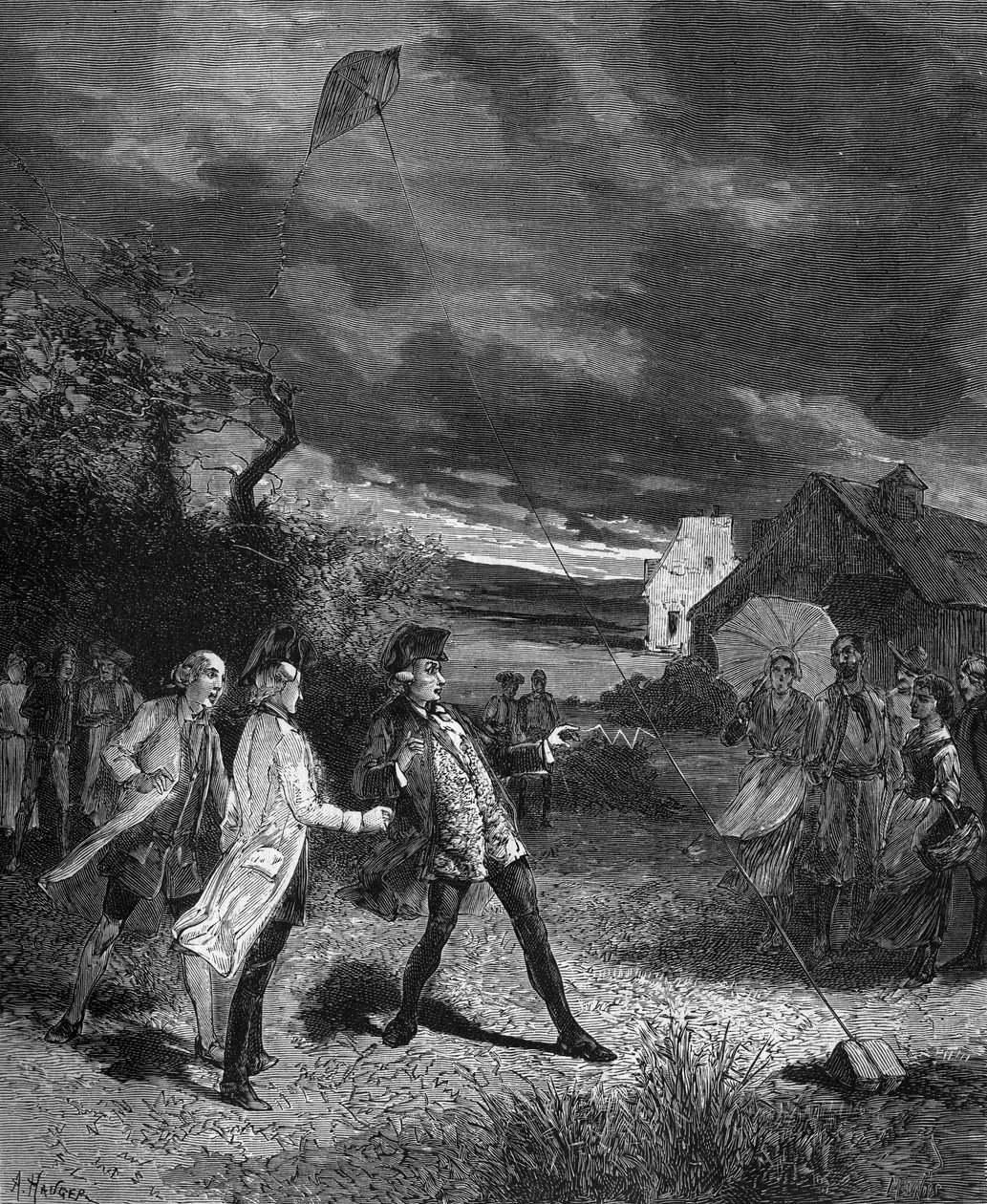 Jacques de Romas (1713-1776), French physicist, experimenting with a kite to capture atmospheric electricity in 1752 by French School