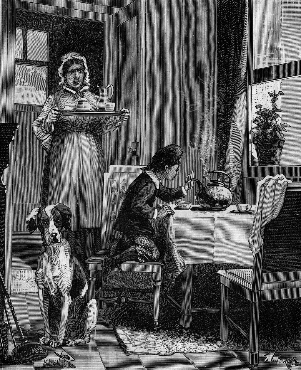 James Watt (1736-1819), a child, discovering the laws of steam by French School