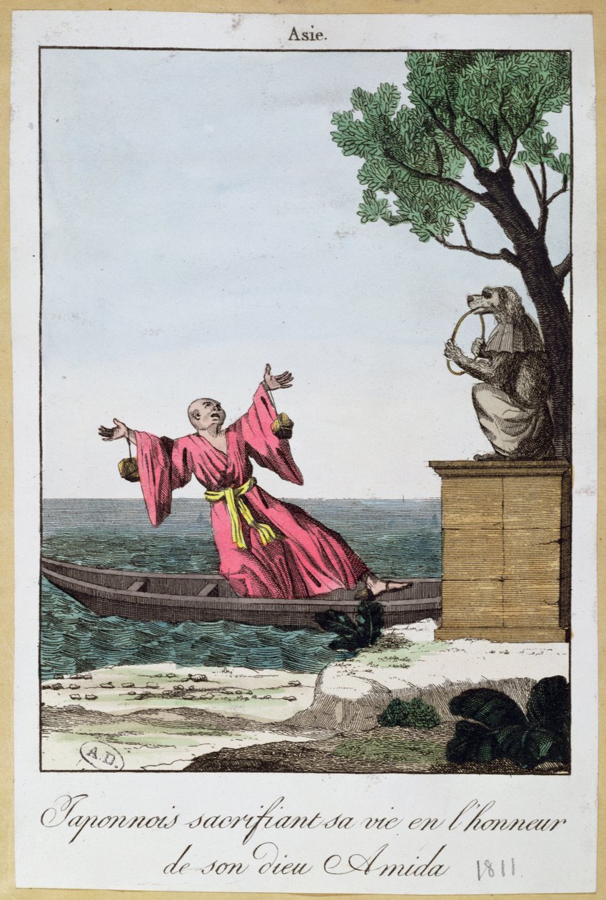 Japanese man Sacrificing his life in honour of the god Amida, 1811 by French School