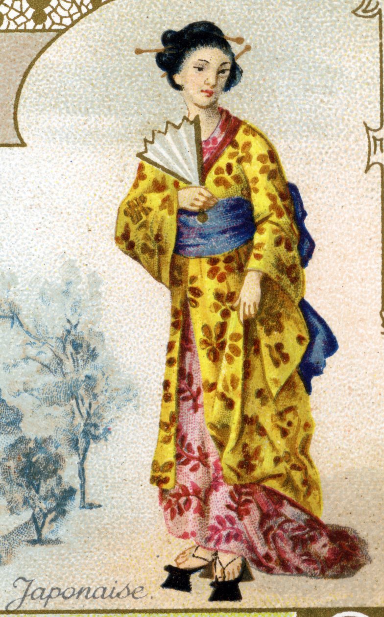 Japanese Woman. Series of 25 Advertising Chromos for the Dijon Manufacture of Biscuits Pernot, created in 1869. Detail of the Characters in Traditional Costume by French School