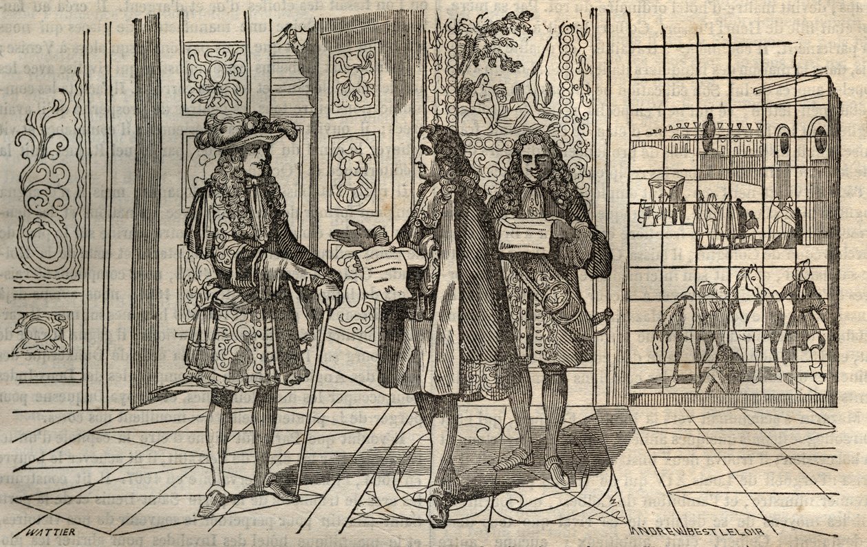 Jean Baptiste Colbert (Jean-Baptiste) (1619-1683) in a meeting with King Louis XIV and Francois Louvois (1641-1691) in Versailles - engraving after Leclerc by French School