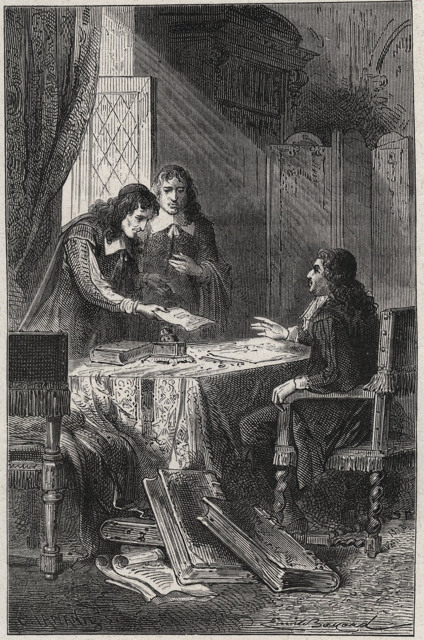 Jean Chapelain (1595-1674) French Poet and Literary Critic and Pierre Costar (1603-1660) Gave Jean Baptiste Colbert (1619-1683) a List of Writers Who Deserve to be Pensionaries by the King - Engraving in 