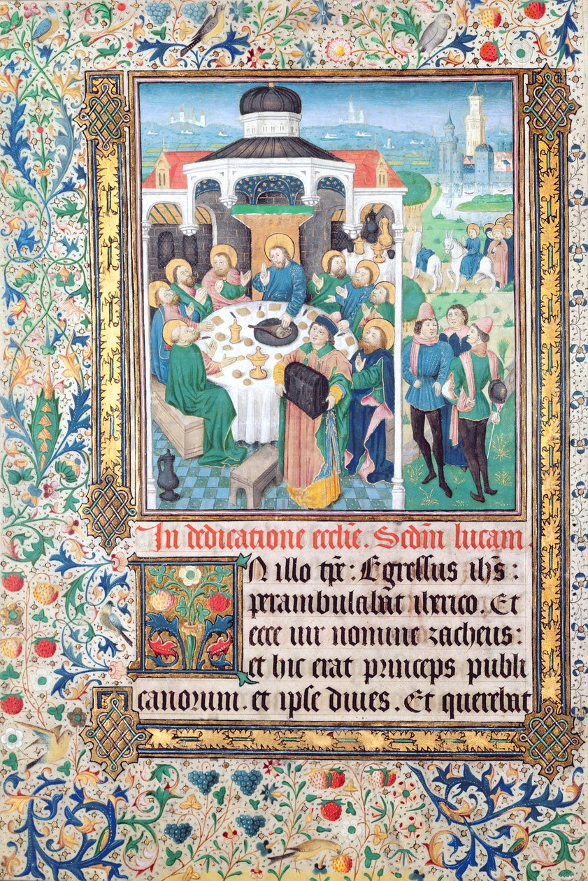 Jesus eating at the house of the tax collector, Zacchaeus and the Entry into Jerusalem, miniatures from the Gospel of Luke by French School