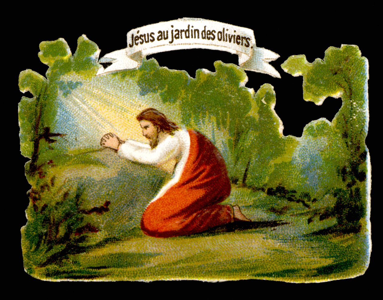 Jesus receives divine light in the Garden of Olives - Chromolithograph, late 19th century by French School