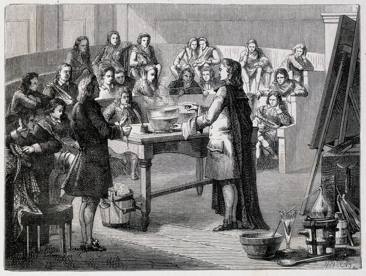 Joseph Black (1728 - 1799), British chemist and physicist, experiences the latent caloric before the students of the University of Glasgow by French School
