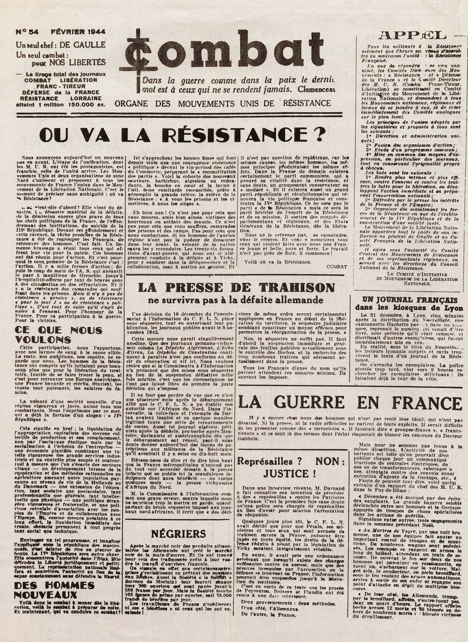 Journal COMBAT - number 54 - February 1944 - organ of the united resistance movements. (clandestine newspaper) - Where will the resistance go by French School