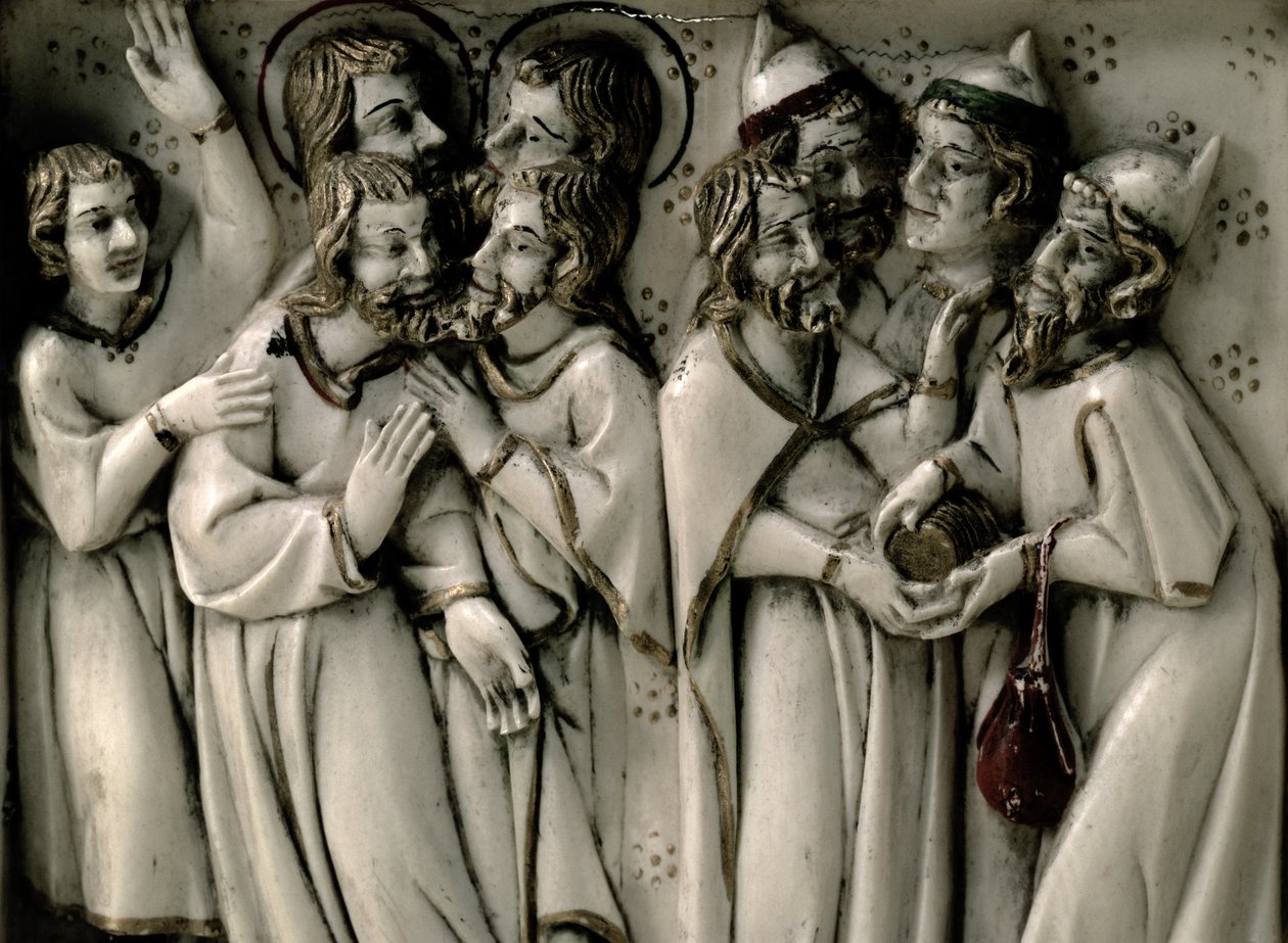 Judas receiving thirty pieces of silver, detail of ivory diptych, French by French School