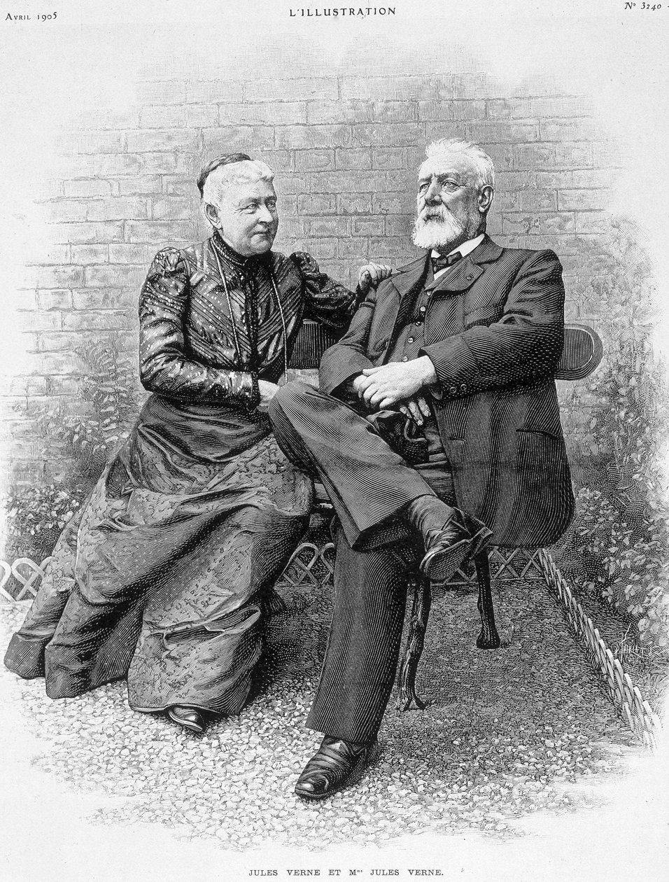 Jules Verne and his wife (engraving) by French School