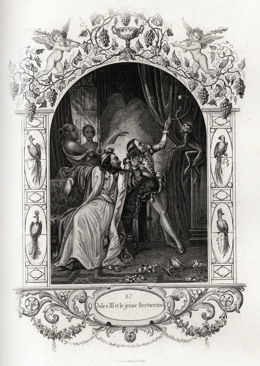 Julius III (Julius or Iulius or Giulio) (Pope from 1550 to 1555) and the Young Bertuccino, the Monkey Show. Engraving to Illustrate 