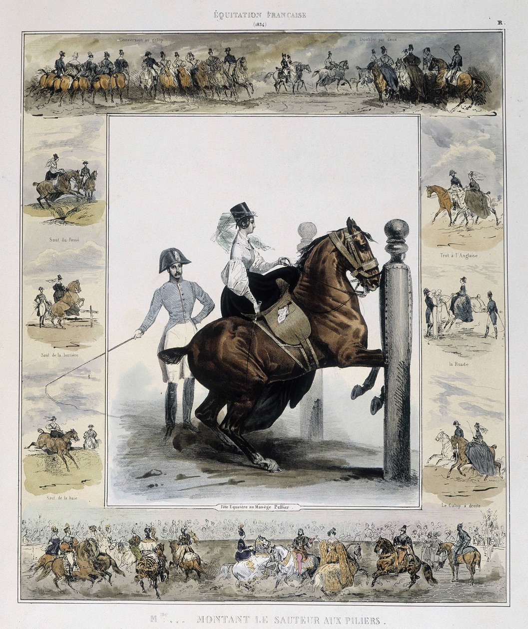 Jumping in Picturesque History of Ancient and Modern Riding by Charles Aubry by French School