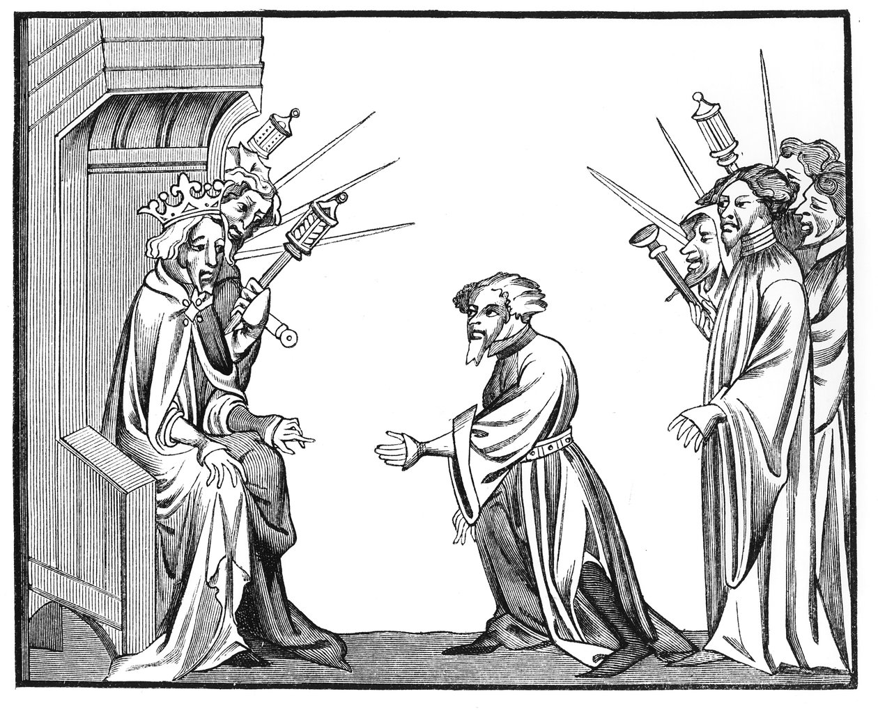 King Charlemagne (742-814) Receiving the Oath of Fidelity and Homage from One of His Feudatories or High Barons, from a Miniature in Cameo of the Chronicles of St. Denis by French School
