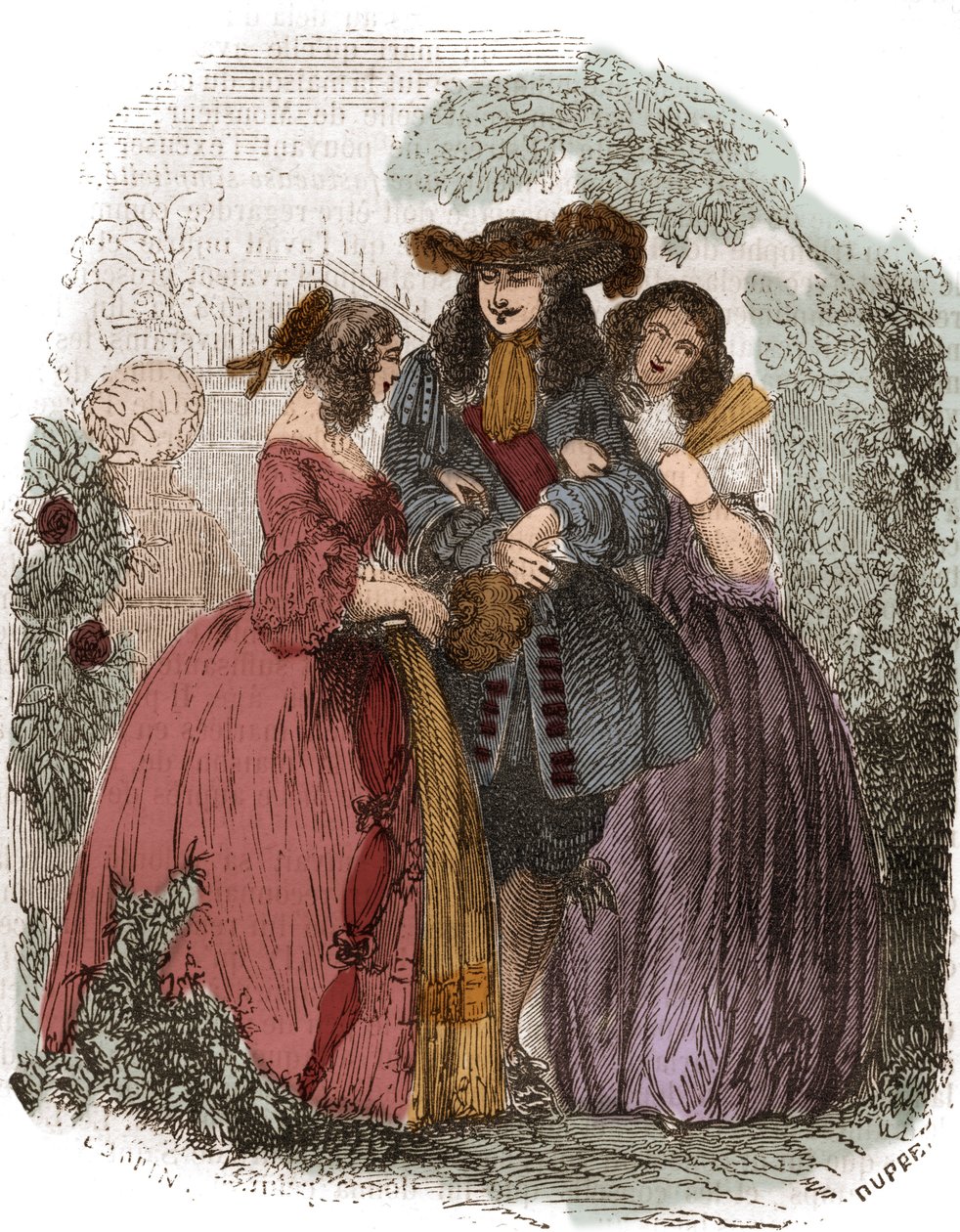 King of France Louis XIV (1638-1715) with Hortense Mancini (1646-1699) and his sister Marie Mancini (1639-1715). Nieces of Mazarin. Engraving of the 19th century by French School