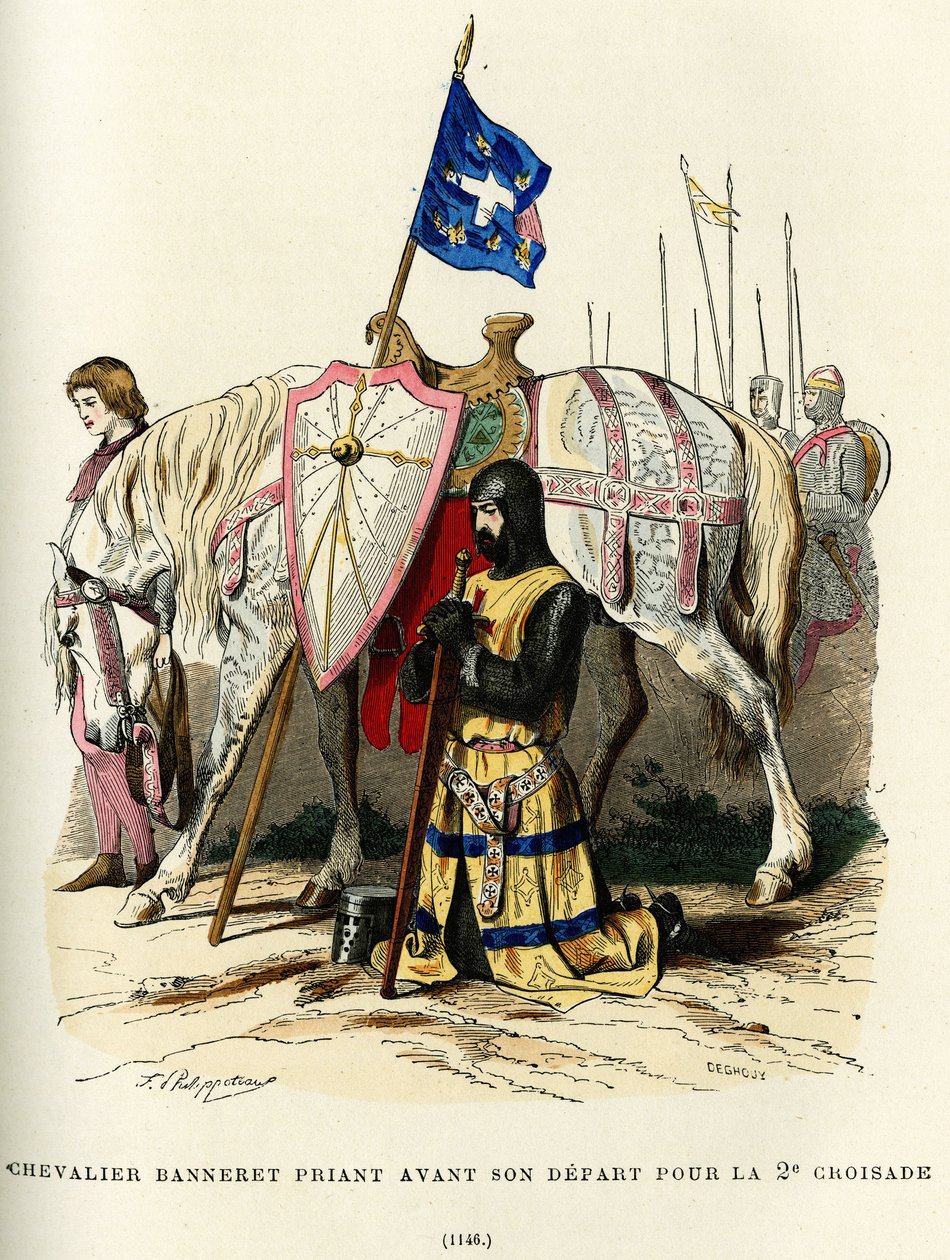 Knight banneret praying before his departure for the second crusade. Colour engraving, in France et les francais a travers les siecles by Augustin Challamel, F.Roy editor, Paris 1882. by French School
