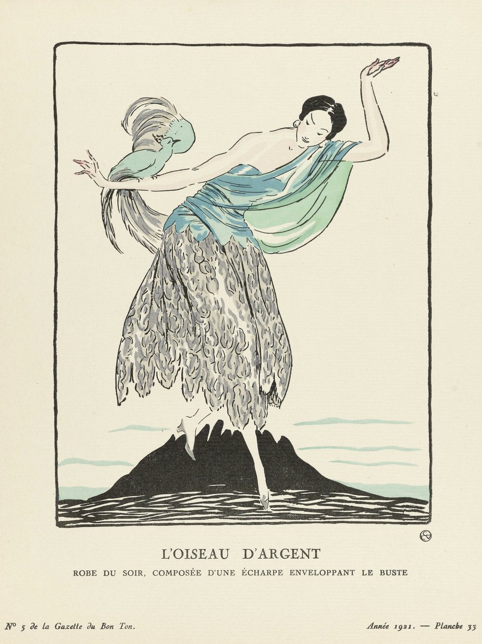 The Silver Bird. Evening Dress, composed of a scarf enveloping the bust from La Gazette du Bon Ton, pub. 1914 by French School