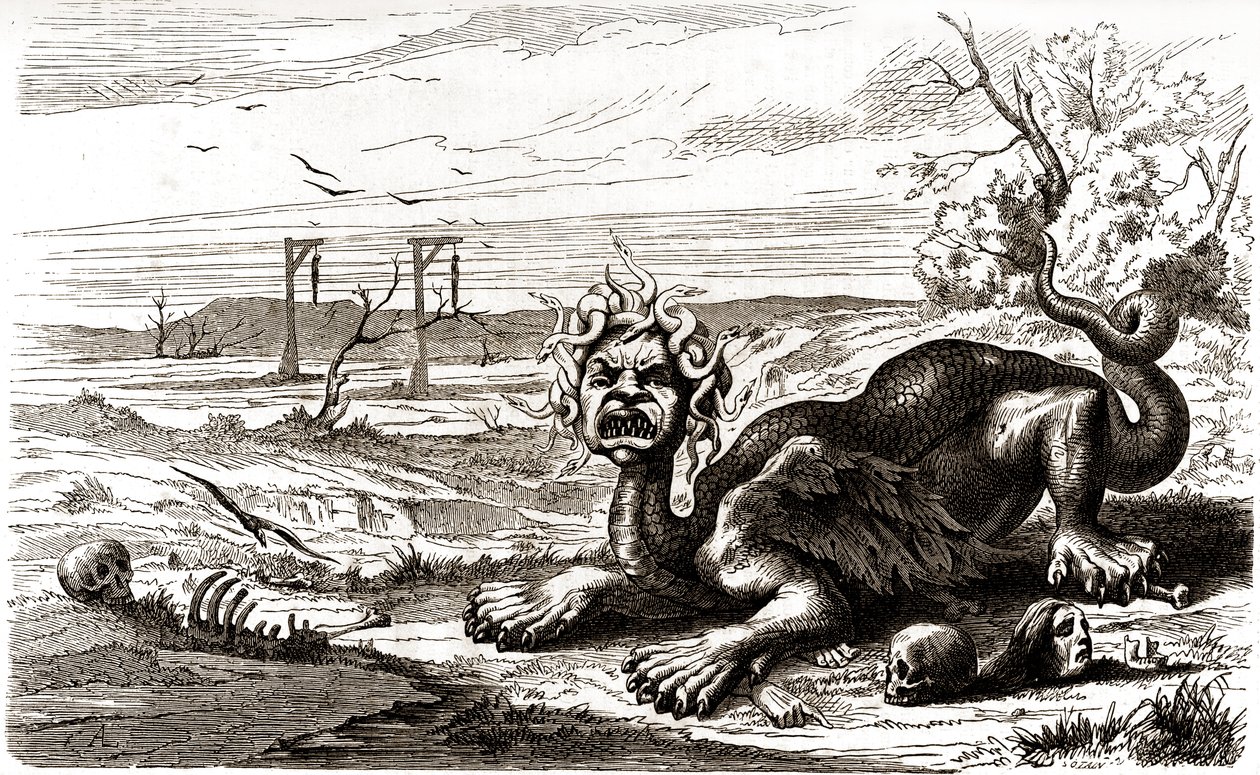 The Fronde (1648-1653): a monstrous animal with snake hair, stands above human corpses and skeletons by French School