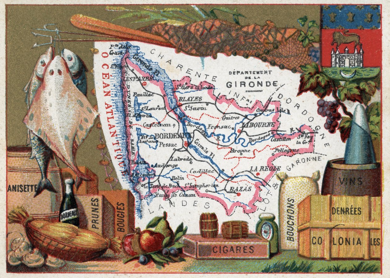 La Gironde (33), Aquitaine, France. Local speciality: fish, anisette, Bordeaux wine, plums, candles, cigars, corks and colonial food. Series on the French Departments. Chromolithography 