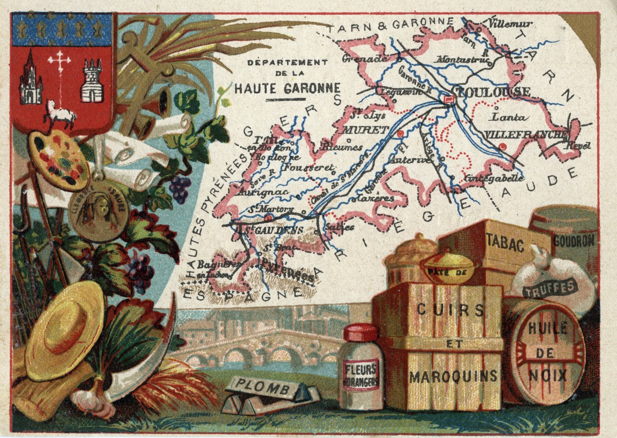 La Haute Garonne, Midi-Pyrenees, France. Local speciality: lead, orange blossoms, paste, leather and leather goods, tobacco, walnut oil, tar and truffles. Series on the French Departments. Chromolithography the geographic thread, circa 1920. Private collec by French School