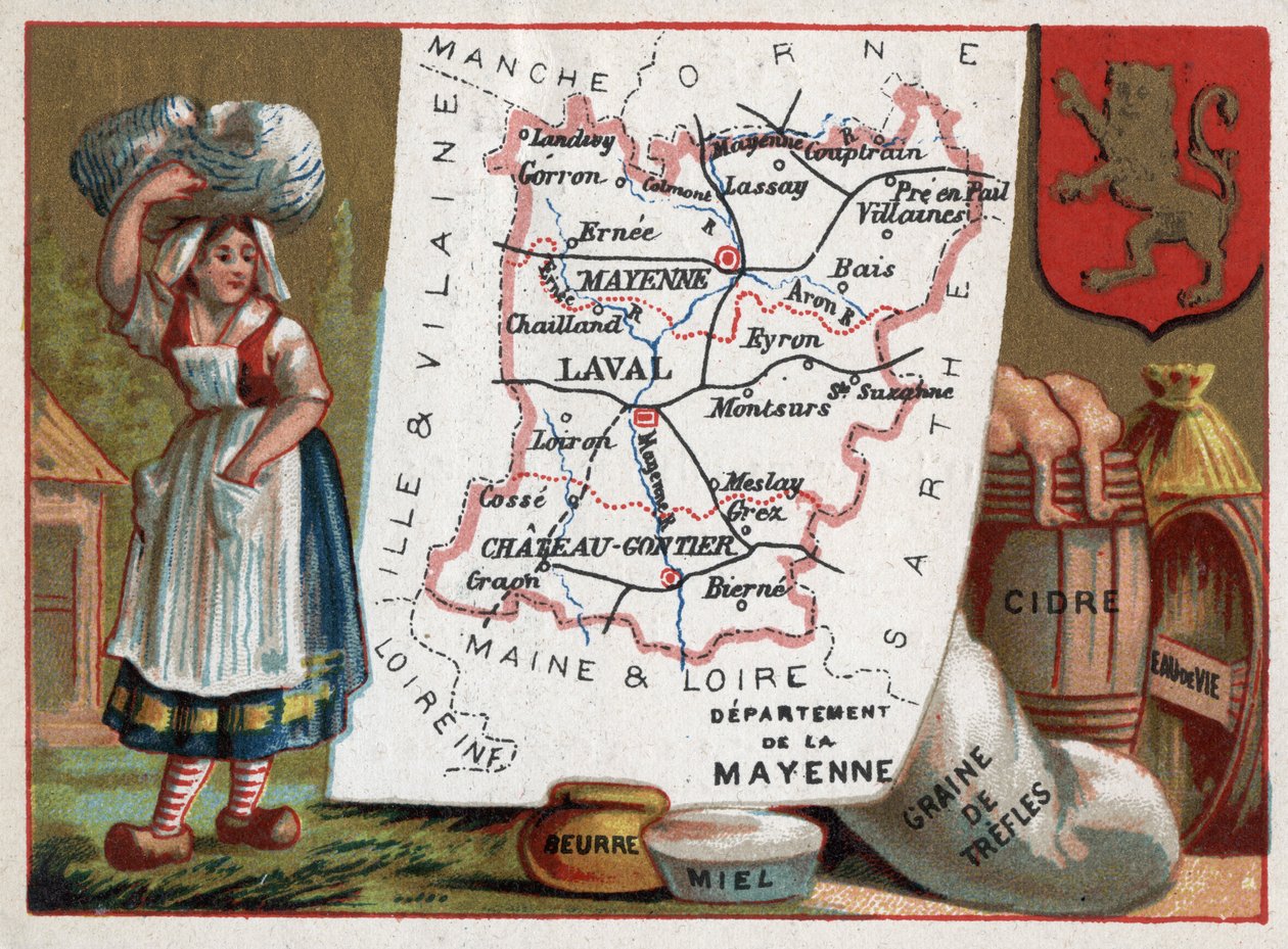 La Mayenne, Pays de la Loire, France. Peasant, butter, honey, treffle seeds, cider and brandy. Series on the French Departments. Chromolithography the geographic thread, circa 1920. Private collection by French School