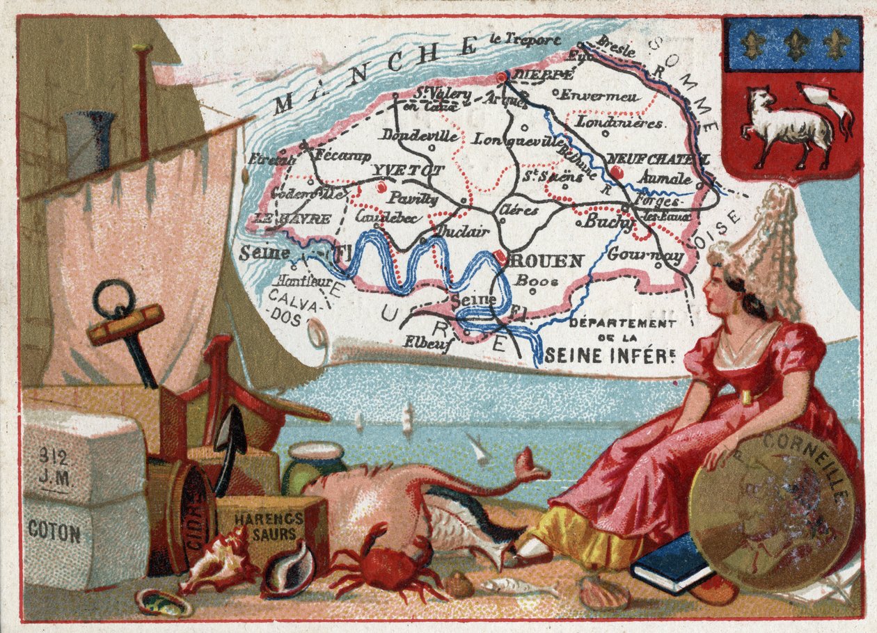 La Seine Inferieure, now Seine Maritime, Haute Normandy, France. Local specialities: cotton, cider, saur herring. Portrait of Pierre Corneille, French playwright. Series on the French Departments. Chromolithography around 1890 by French School