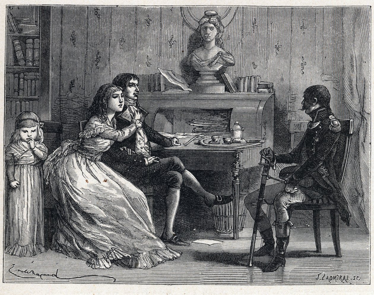 The Terror during the French Revolution: Camille Desmoulins (1760-1794), imprisoned, received the visit of his wife Lucile (1770-1794) and Marshal Guillaume Brune (1763-1815) by French School