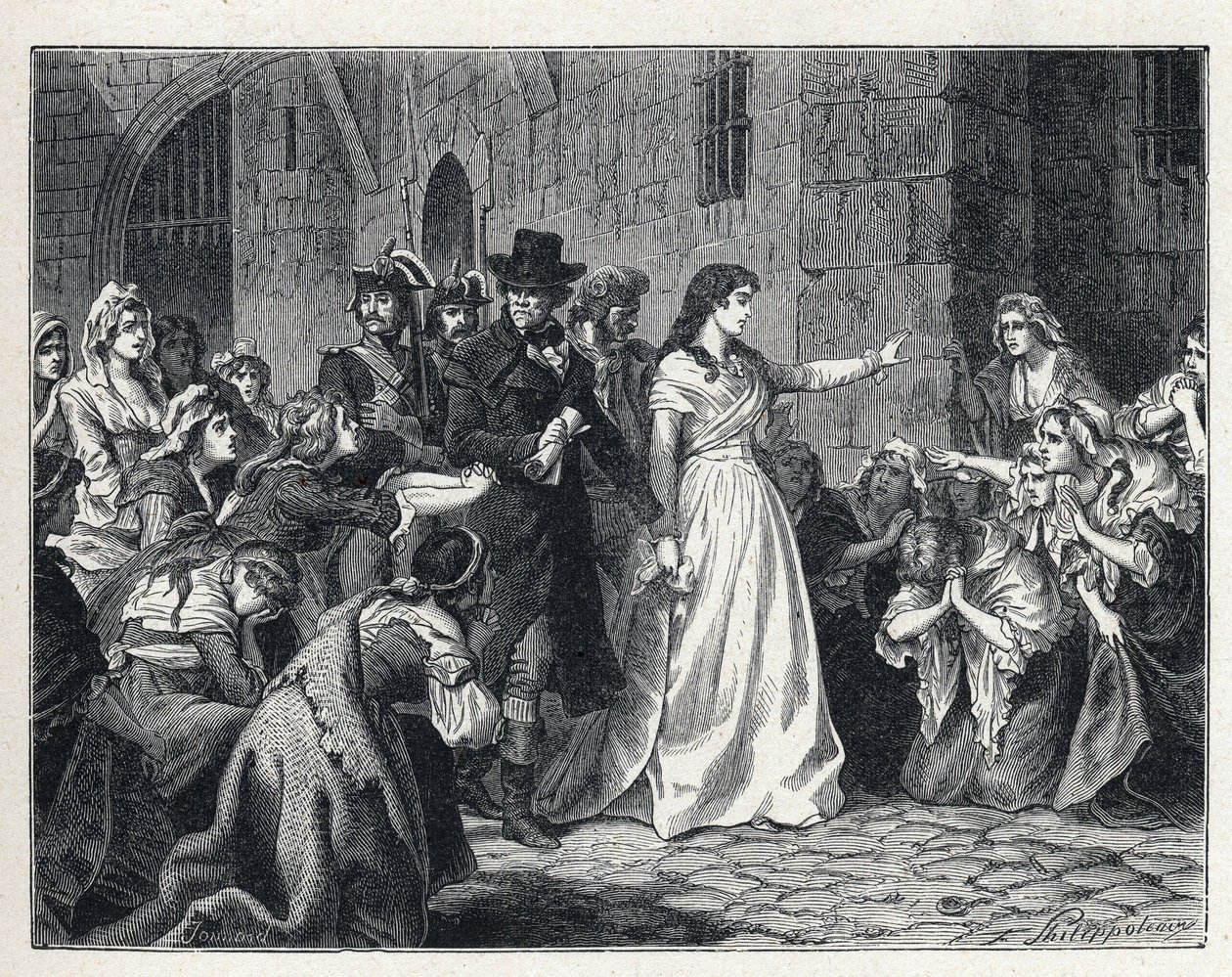 The Terror during the French Revolution: Madame Jeanne Marie Roland de la Platiere (1754-1793) leaving the Concierge prison to go before the Revolutionary Court in 1793. Her co-detainees kneel in her path by French School