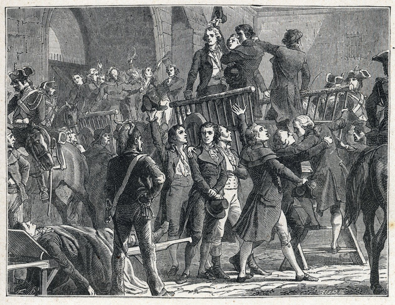 The Terror during the French Revolution: Girondins condemned to death leave for the scaffold singing patriotic songs by French School