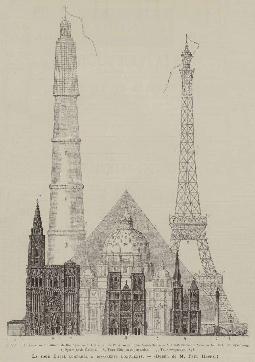 The Eiffel Tower compared to different monuments by French School