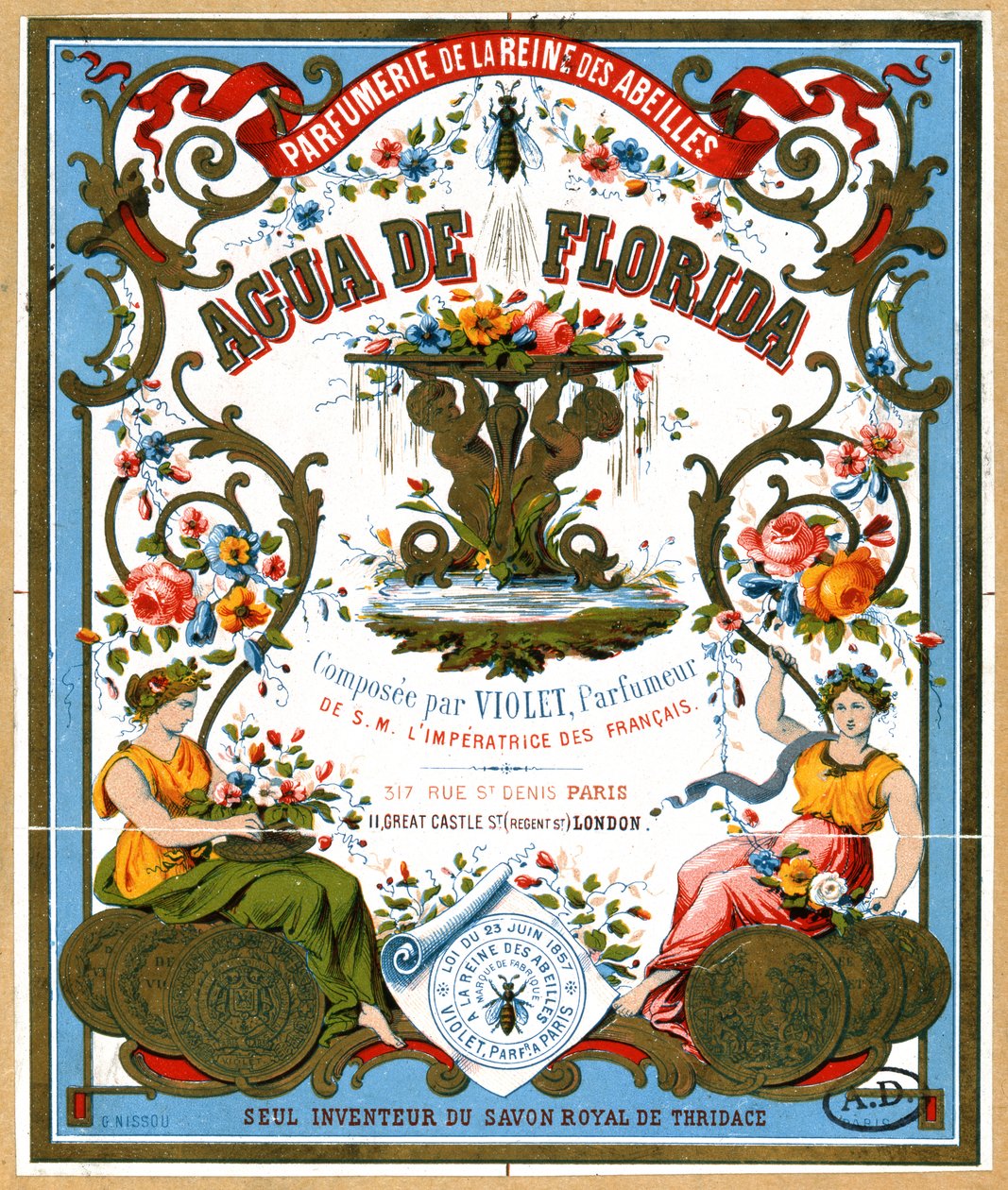 Label advertising Aqua de Florida perfume from the perfume shop La Reine des Abeilles, Paris, 2nd half 19th century by French School