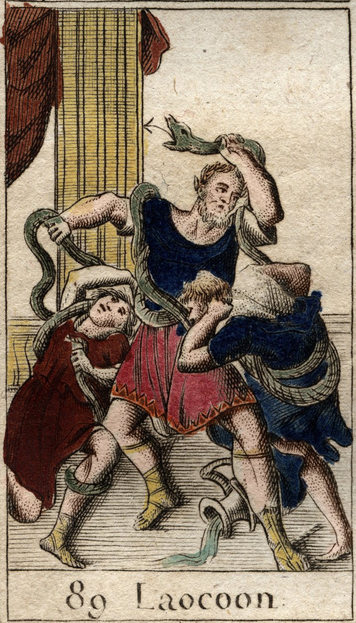 Minerva supporting the Greeks sends the sea snakes to attack Laocoon who warns the inhabitants of the city of Troy against the horse. From “Mythology of Youth” by Pierre Blanchard 1803 by French School