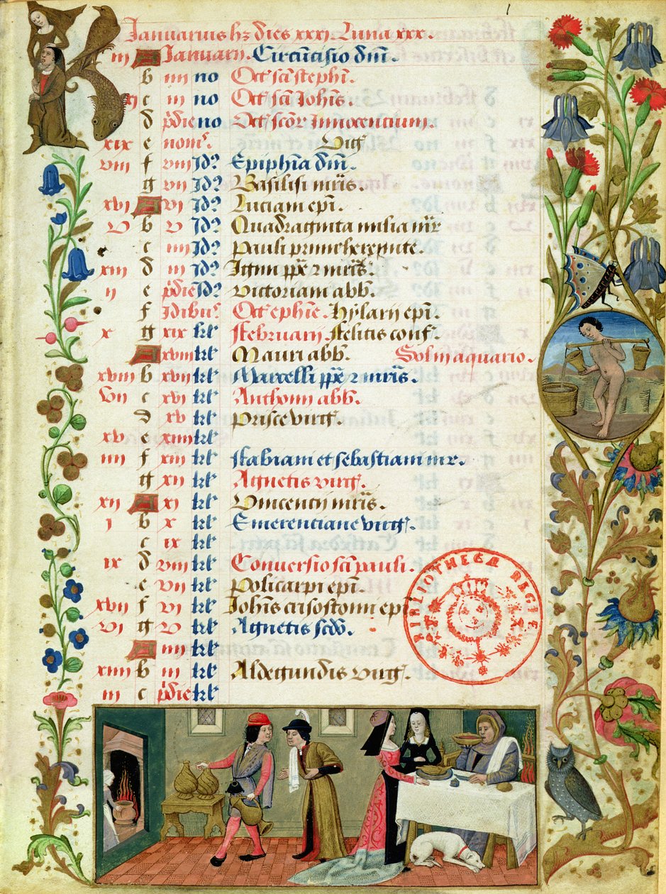 January; figures eating and drinking, by Robinet Testard, from the Hours of Charles of Angouleme by French School
