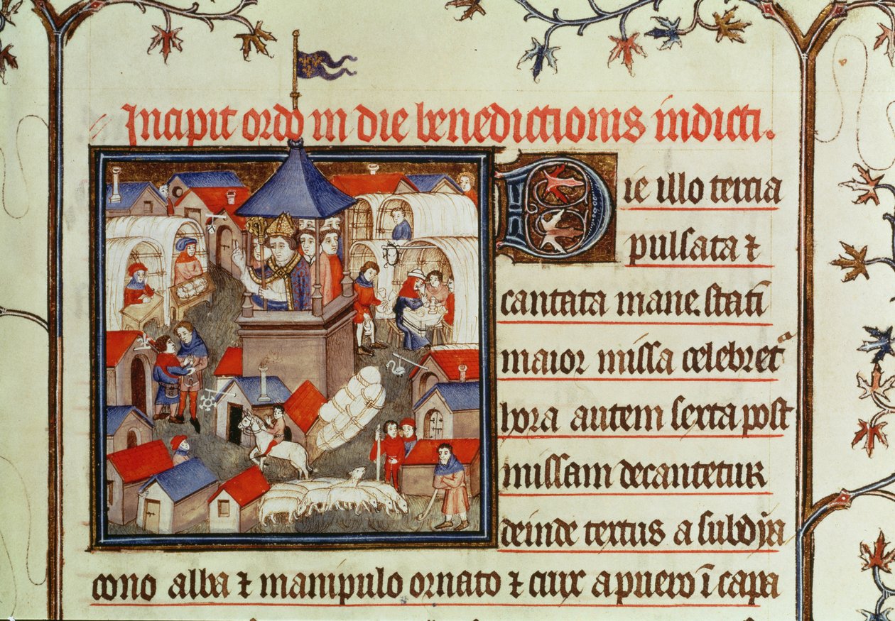 Miniature of a bishop blessing the annual fair or market held for two weeks in June on the plains of St. Denis, from a pontifical, 1301-1400 by French School