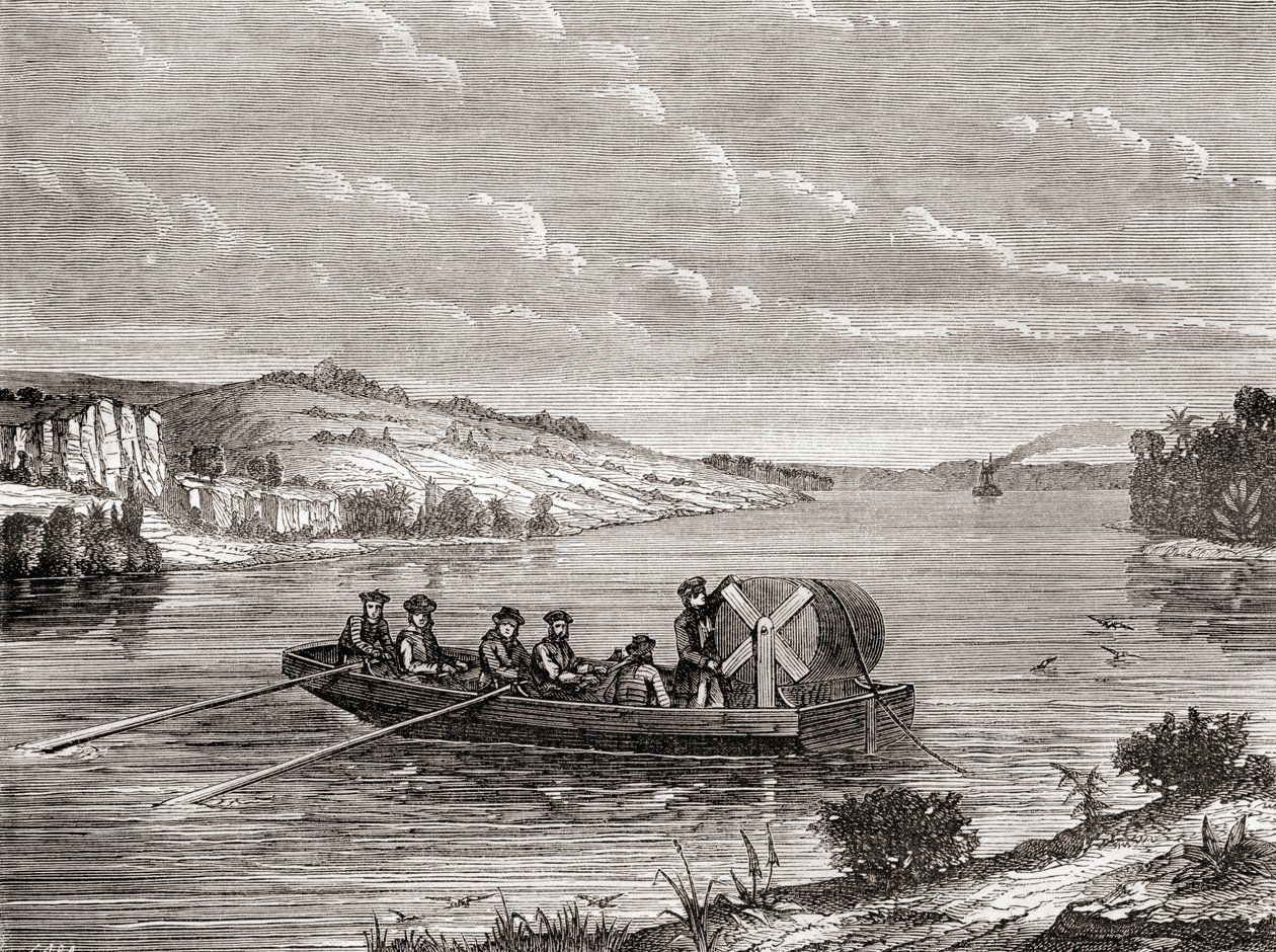 Laying a telegraph cable under an American river c.1860, from Les Merveilles de la Science, published c.1870 (engraving) by French School