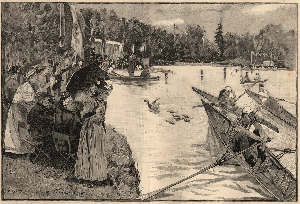 Le Lendit de Paris: school regates at the grand lac du bois de Boulogne - Engraving from 1894 after the drawing by Mr Lunel by French School