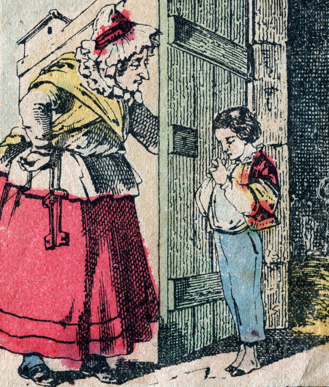 Le Pere Fouettard, French character for the whipping father, legendary figure of folklore punishing the naughty children: his wife, La Mere Fouettard the whipping mother, who delivers repented children - Epinal picture by French School