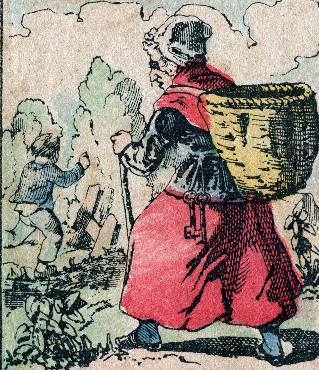 Le Pere Fouettard, French character for the whipping father, legendary figure of folklore punishing the naughty children: his wife, La Mere Fouettard the whipping mother who pursues the children skipping school - Epinal picture by French School