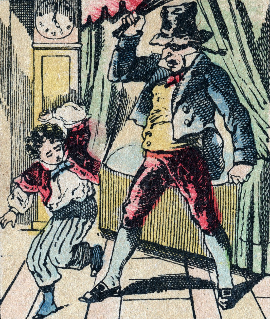 Le Pere Fouettard legendary character of folklore, punishing unwise children with his whip, and enclosing disobedient children, image of Epinal by French School