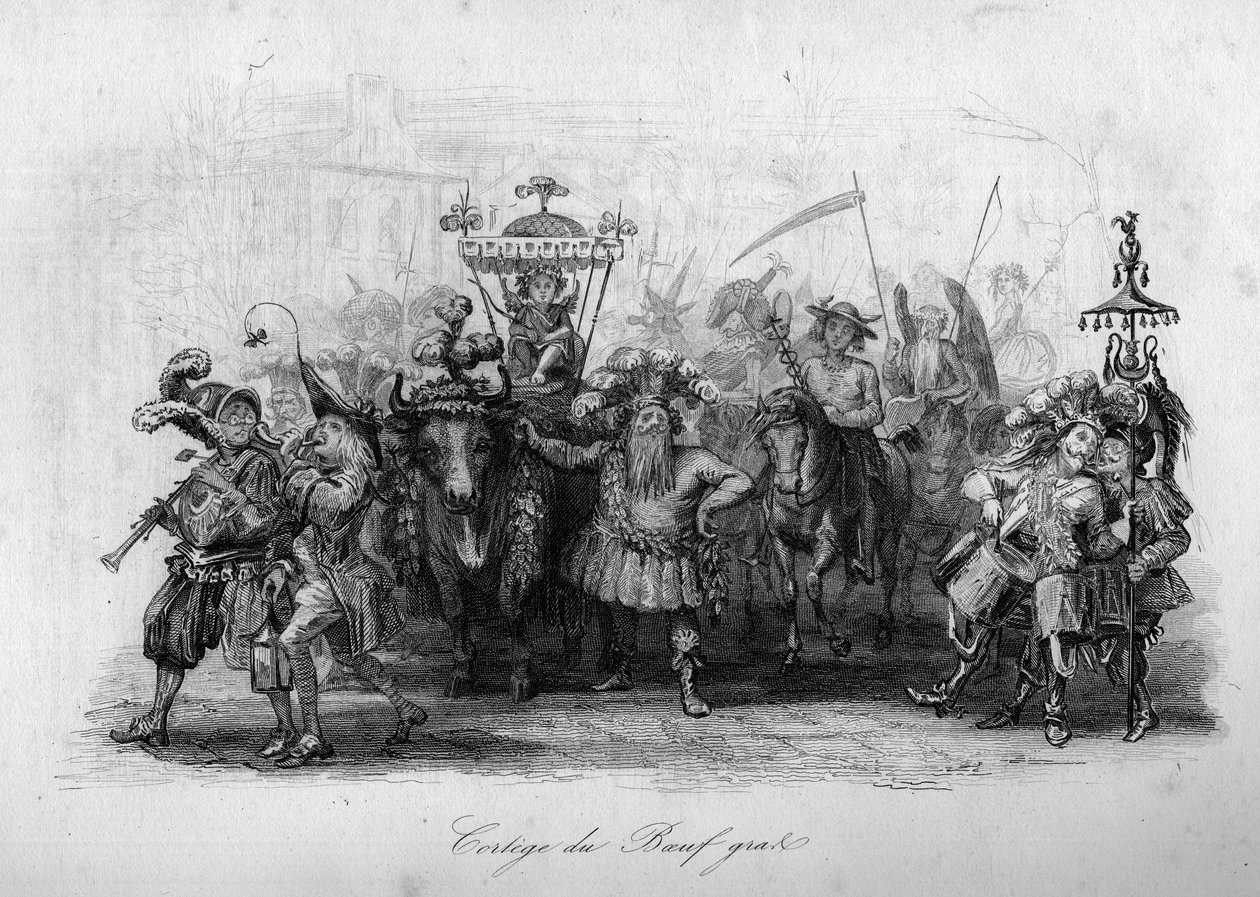 Der Umzug des fetten Ochsen („Le carnaval“ Lied von Marc-Antoine Madeleine Desaugiers) in „CHANS et CHANS POPULES DE LA FRANCE - 1843 - H.- L. DELLOYE, Verleger, LIBRAIRIE DE GARNIER. von French School