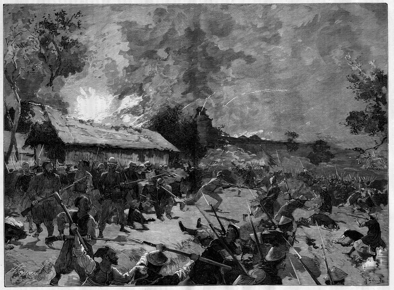 The ambush of Hue, July 4-5, 1885: attack by a Tonkinese army (Vietnam) against the French troops of General de Courcy. Engraving in Le Monde Illustre by French School