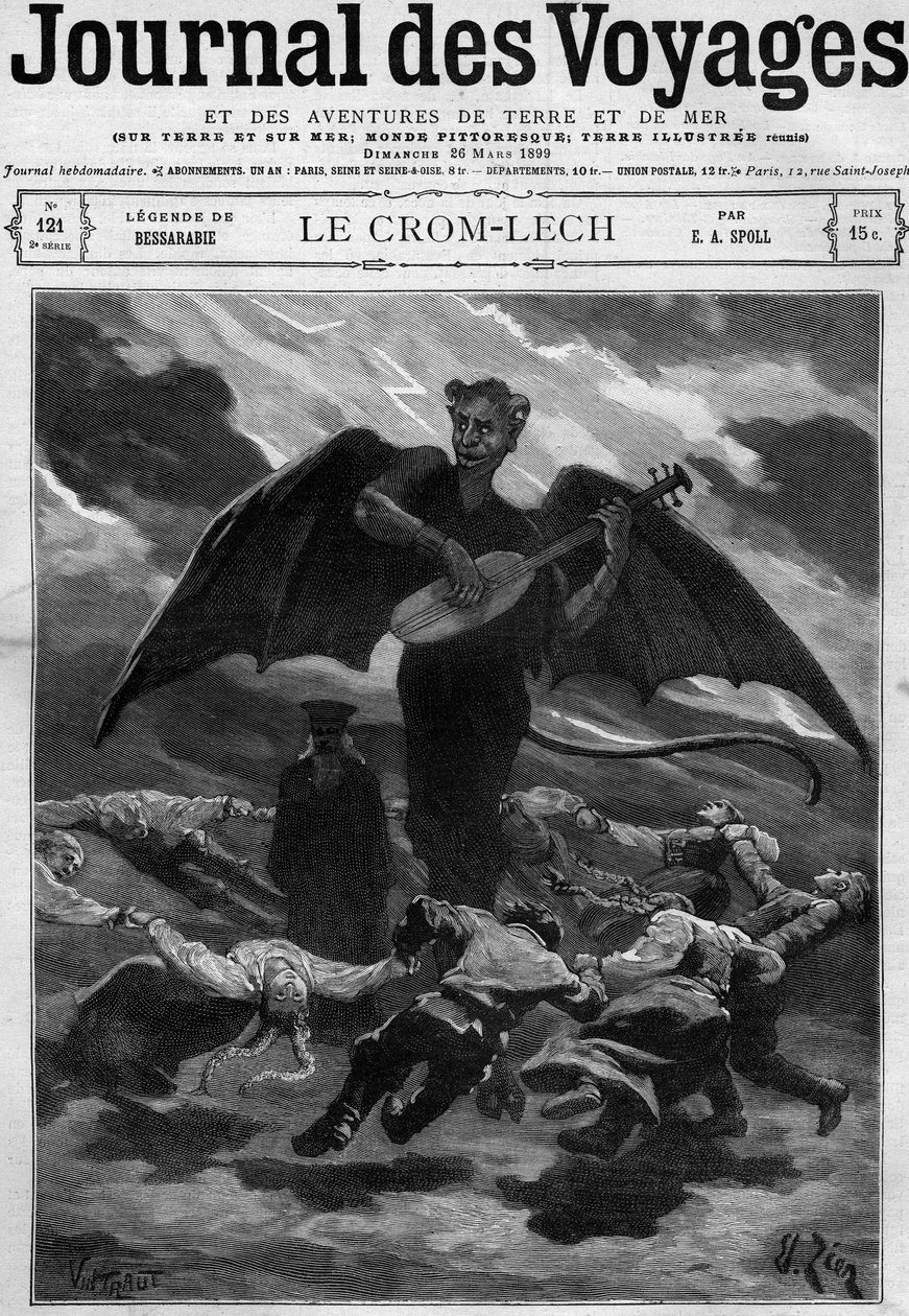 Legend of Bessarabia (Eastern Europe): Crom Lech. Satan, playing balalaika, trains dancers into an endless round. Engraving in Journal des Voyages of 26 March 1899 by French School