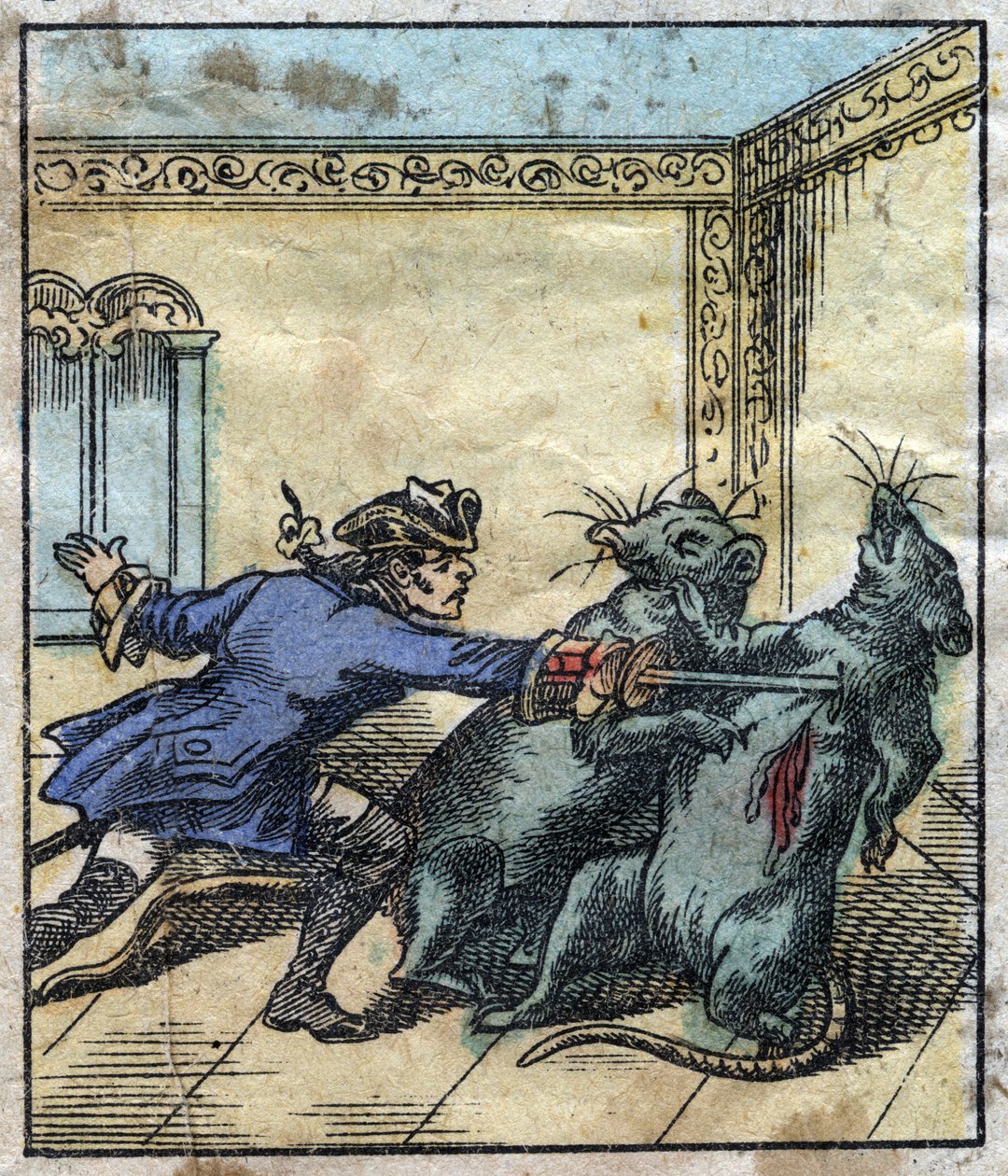 Lemuel Gulliver fights rats in the land of the giants of Brobdingnag. Illustration for "Gulliver