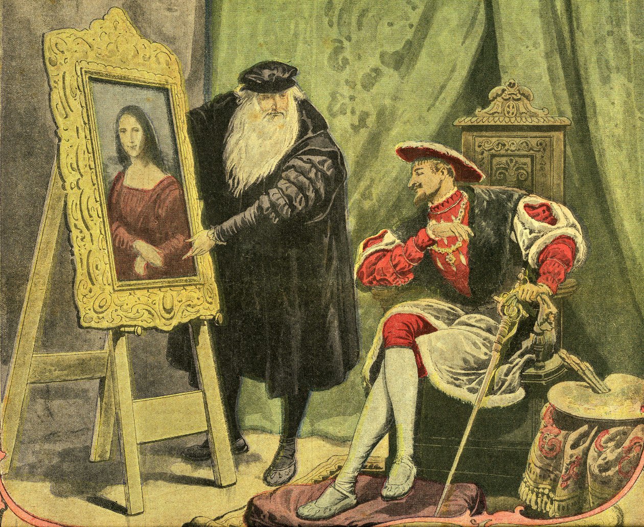 Leonardo da Vinci Presents His Painting La Mona Lisa to Francois I, Who Bought It for 4000 Gold Guilders in 1517. Engraving on the Cover of the Illustrated Supplement of the Petiure Journal No. 1206, 28/12/1913 by French School